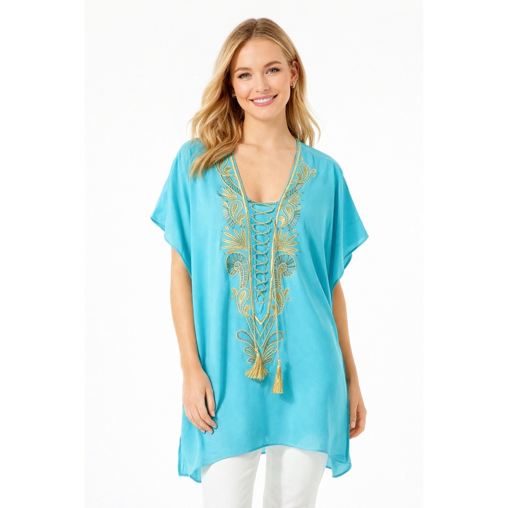 Lilly Pulitzer Blue‎ Teal Embroidered Gold Lace Tassel Top Women's XXS/XS